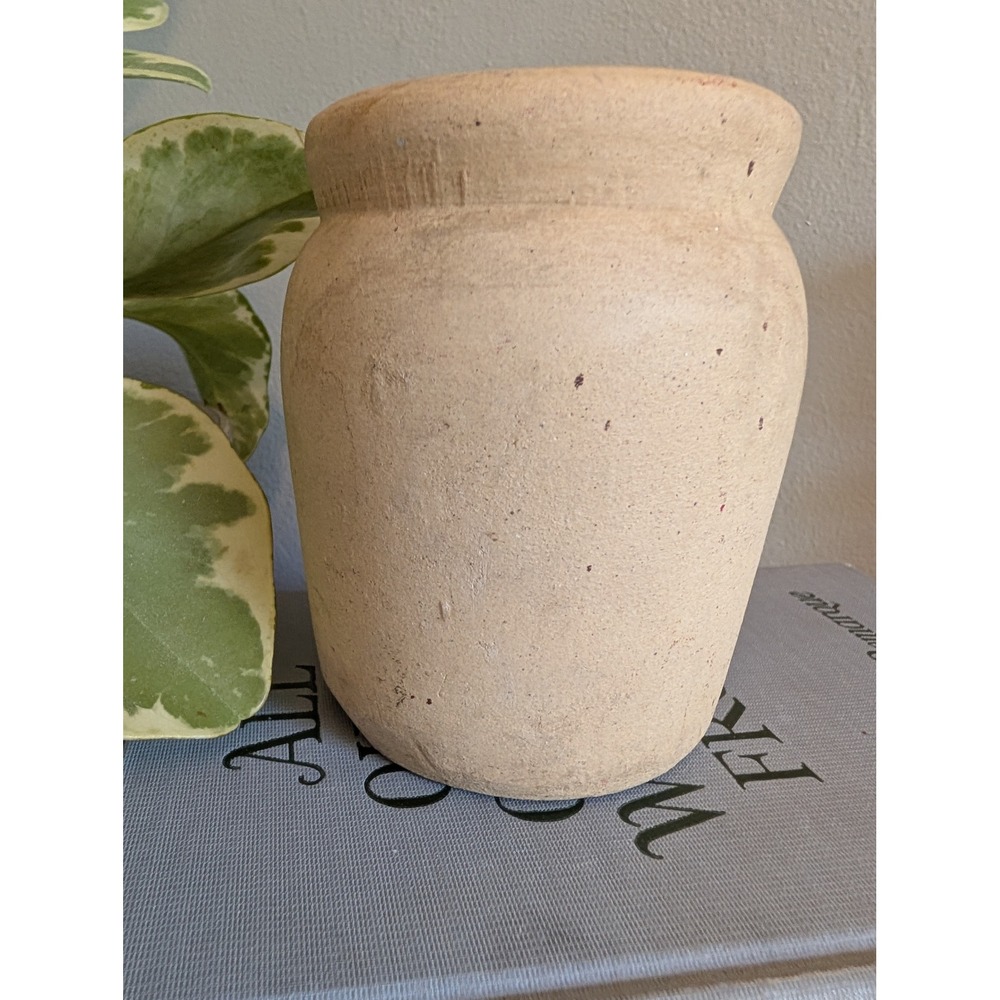 Vintage Small Stoneware Crock Tan Pottery Jar Rustic Farmhouse Decor 4.25in